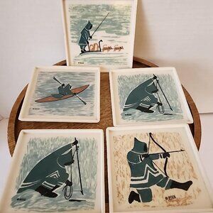 Vtg Inuit Coasters Mika Set 5 Ornamin Canada Eskimo Arctic Sled Dogs Plastic 3"